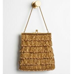 Joseph Magnin Vintage Gold Beaded Evening Bag Pearl Detail Small Purse